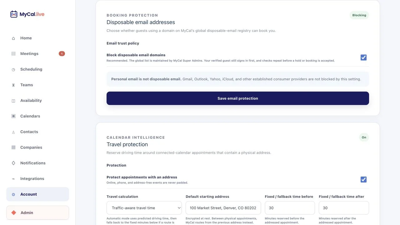 MyCal Account screen where a host manages profile settings, AI research providers, and optional blocking of globally maintained disposable email domains.