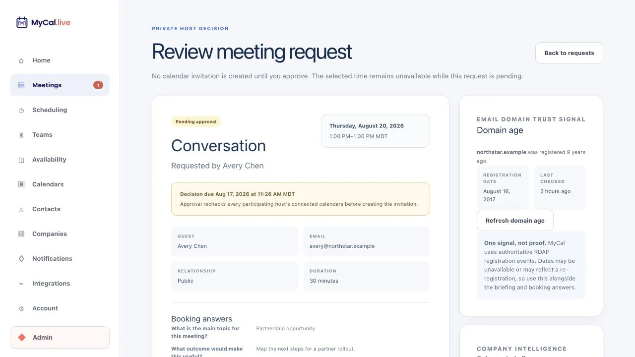 MyCal private host approval page with a pending meeting request, decision deadline, guest details, booking answers, cached RDAP domain age, company briefing, and approve or decline actions.