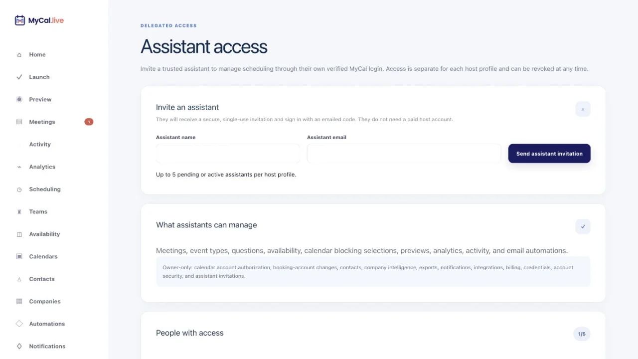 MyCal Assistant access screen with a fictional active assistant, a secure invitation form, and a clear owner-only permission boundary.