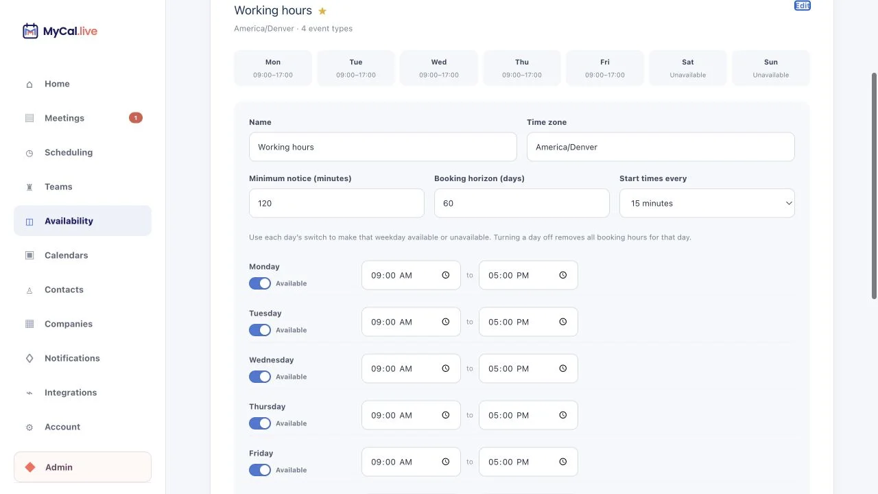 MyCal Availability screen with an explicit Available switch and complete start and end time controls for every weekday.