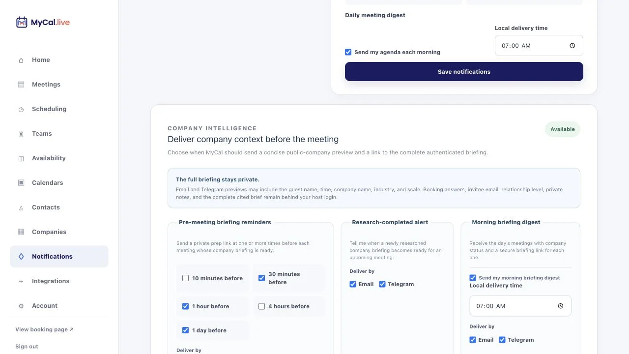 MyCal Notifications screen with selectable company briefing reminder times, email, Telegram, and SMS channels, research-ready alerts, last-minute handling, and a local-time morning digest.