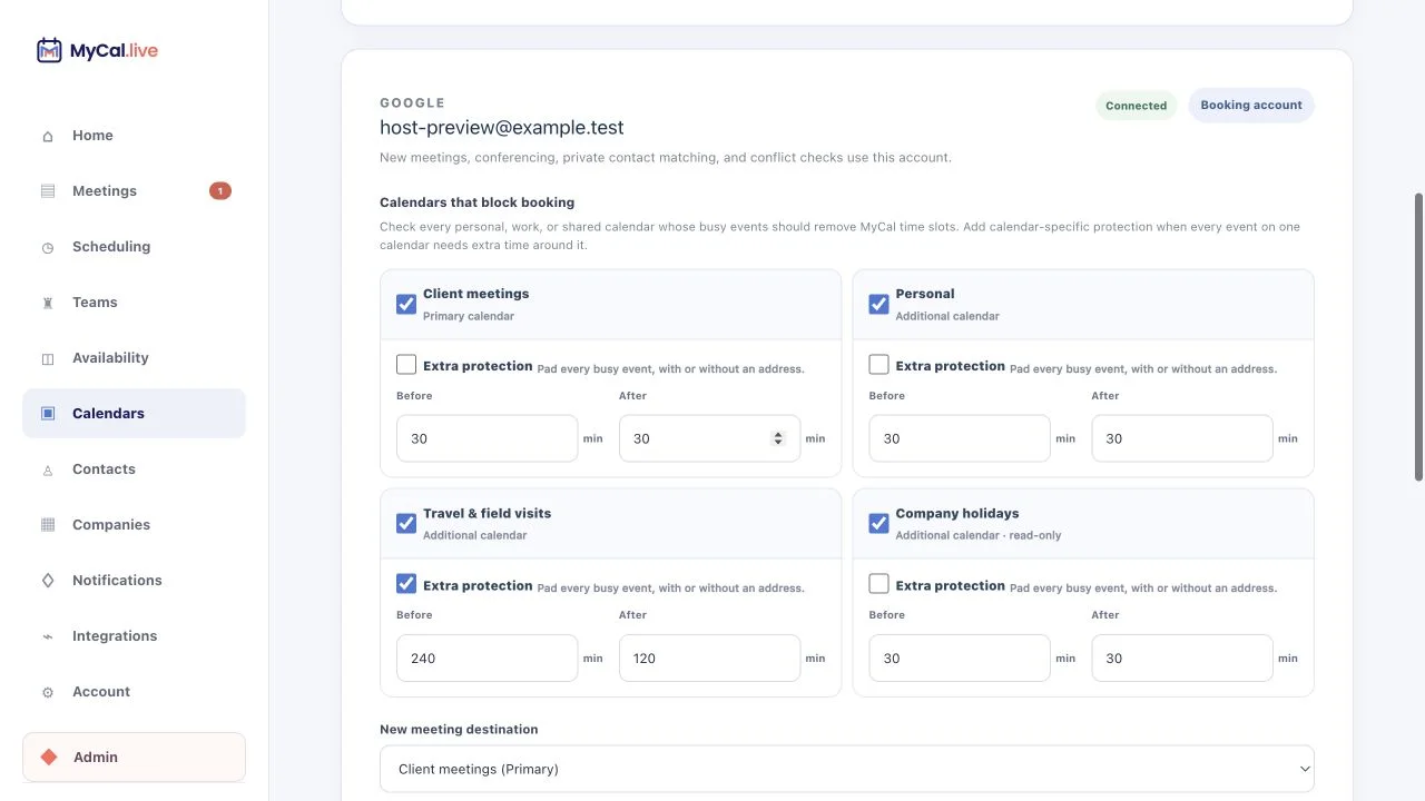MyCal Calendars screen with a Google booking account, selected conflict calendars, calendar-specific before-and-after protection, and one writable destination for confirmed meetings.