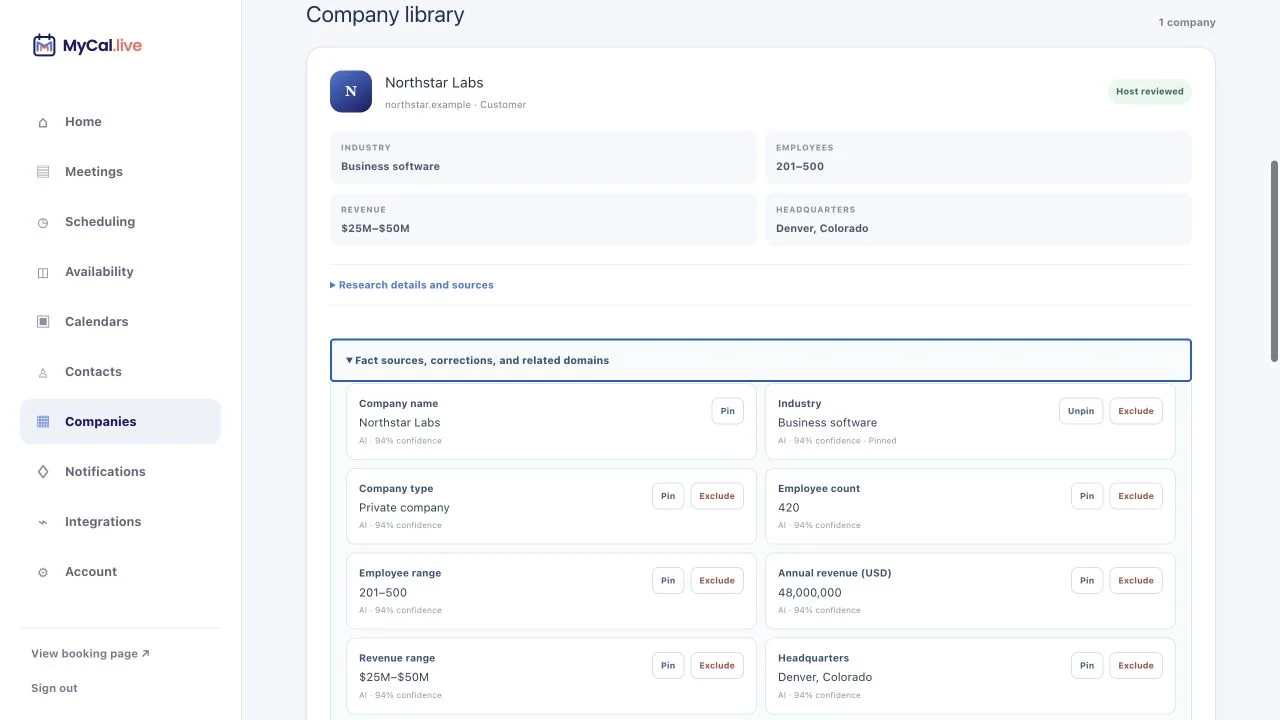 MyCal Companies screen showing a reviewed company profile with per-field AI-provider provenance and confidence plus a pinned industry fact and individual pin or exclude controls.