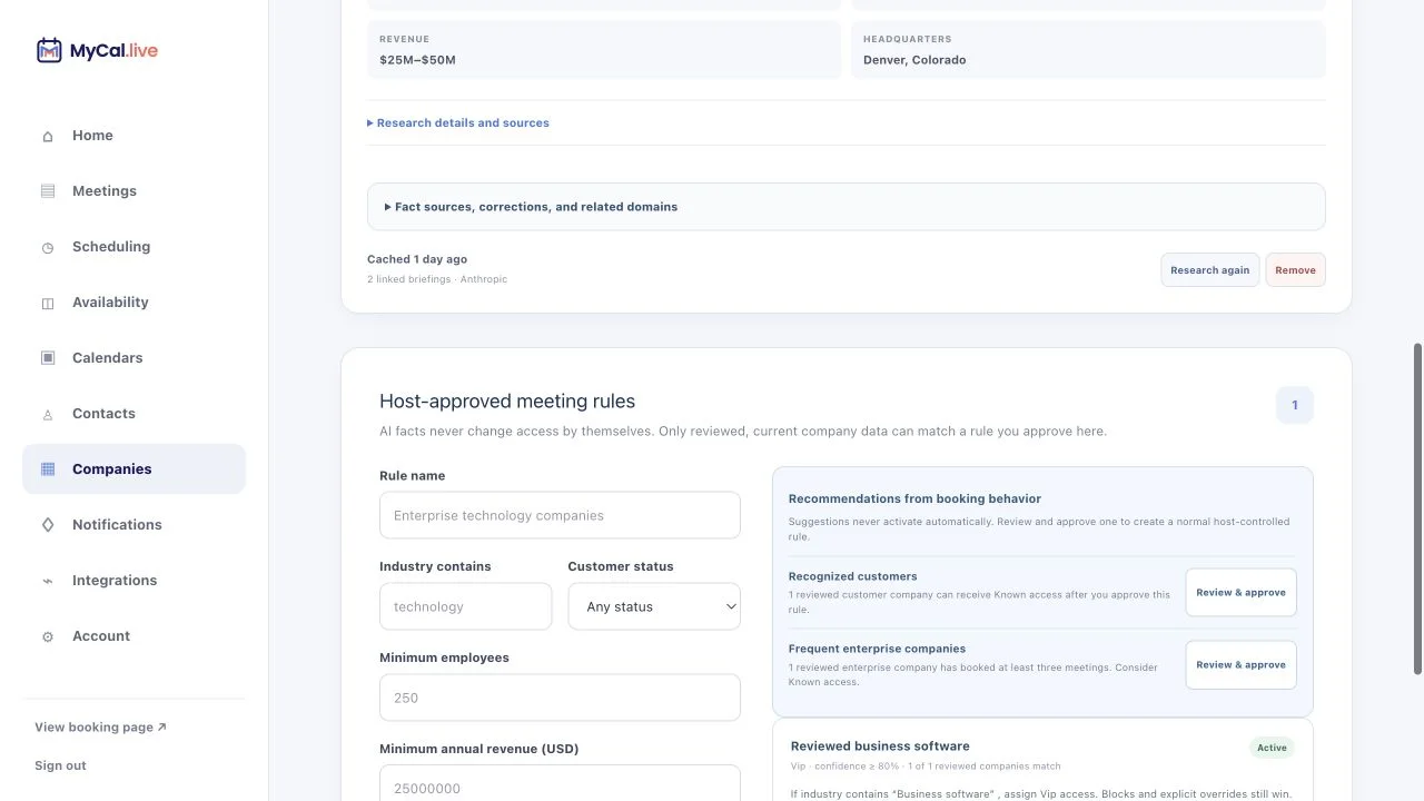 MyCal Companies screen showing an approved company rule, matching reviewed-company count, customer-status conditions, and behavior-based rule recommendations that require host approval.