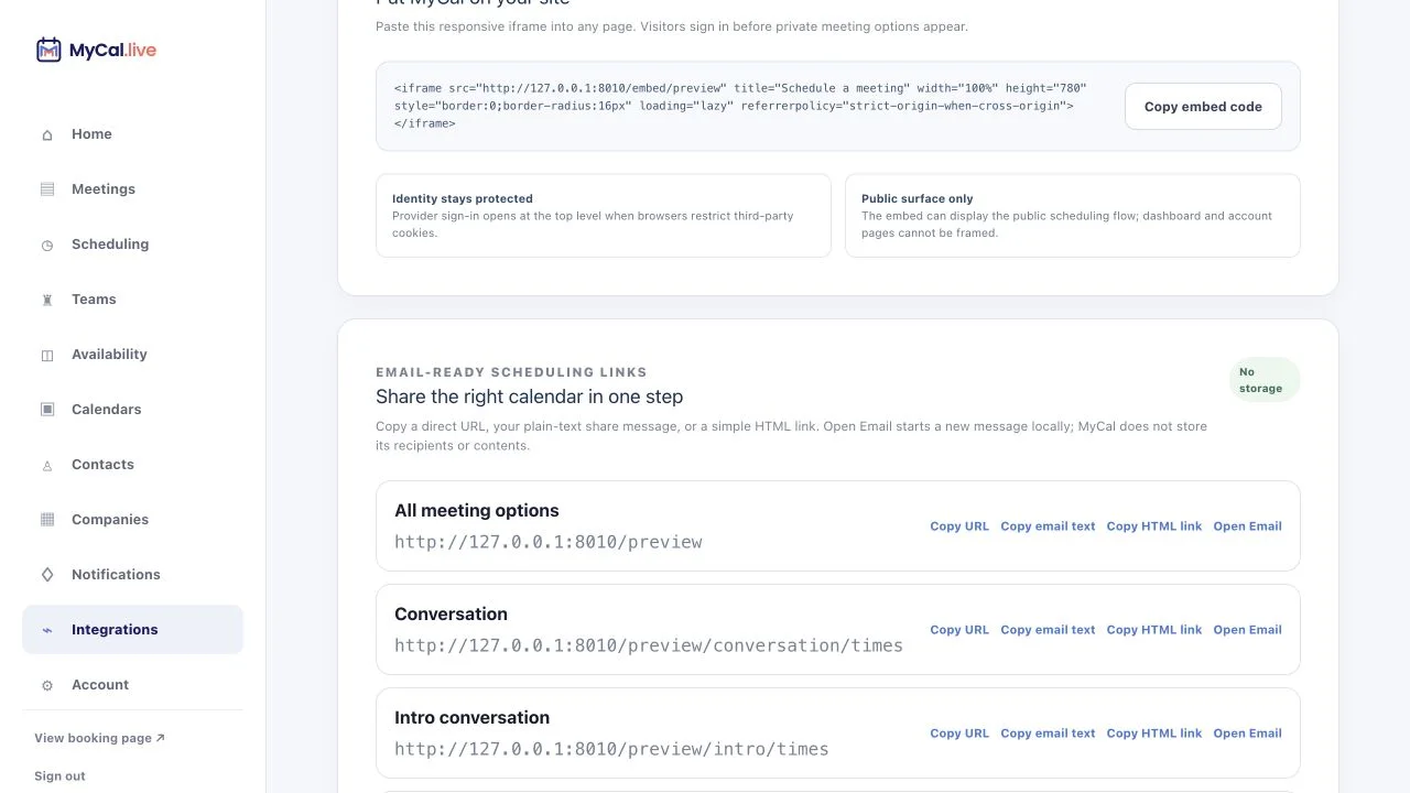 MyCal Integrations screen with the host page and focused event links plus actions to copy a URL, plain-text email message, HTML link, or open a local email draft.