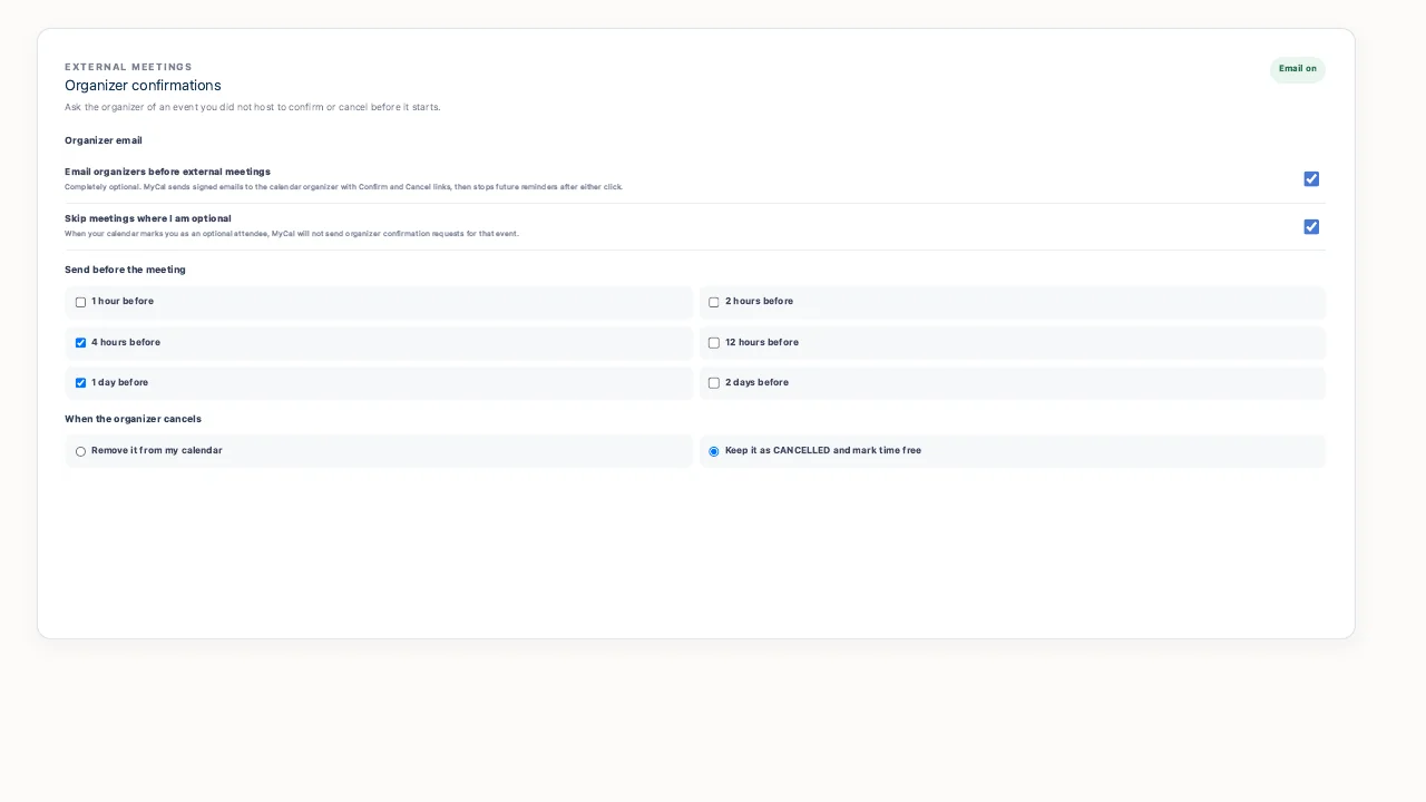 MyCal Notifications screen showing fictional external organizer confirmation controls, multiple reminder times, optional-attendee handling, and cancellation behavior.