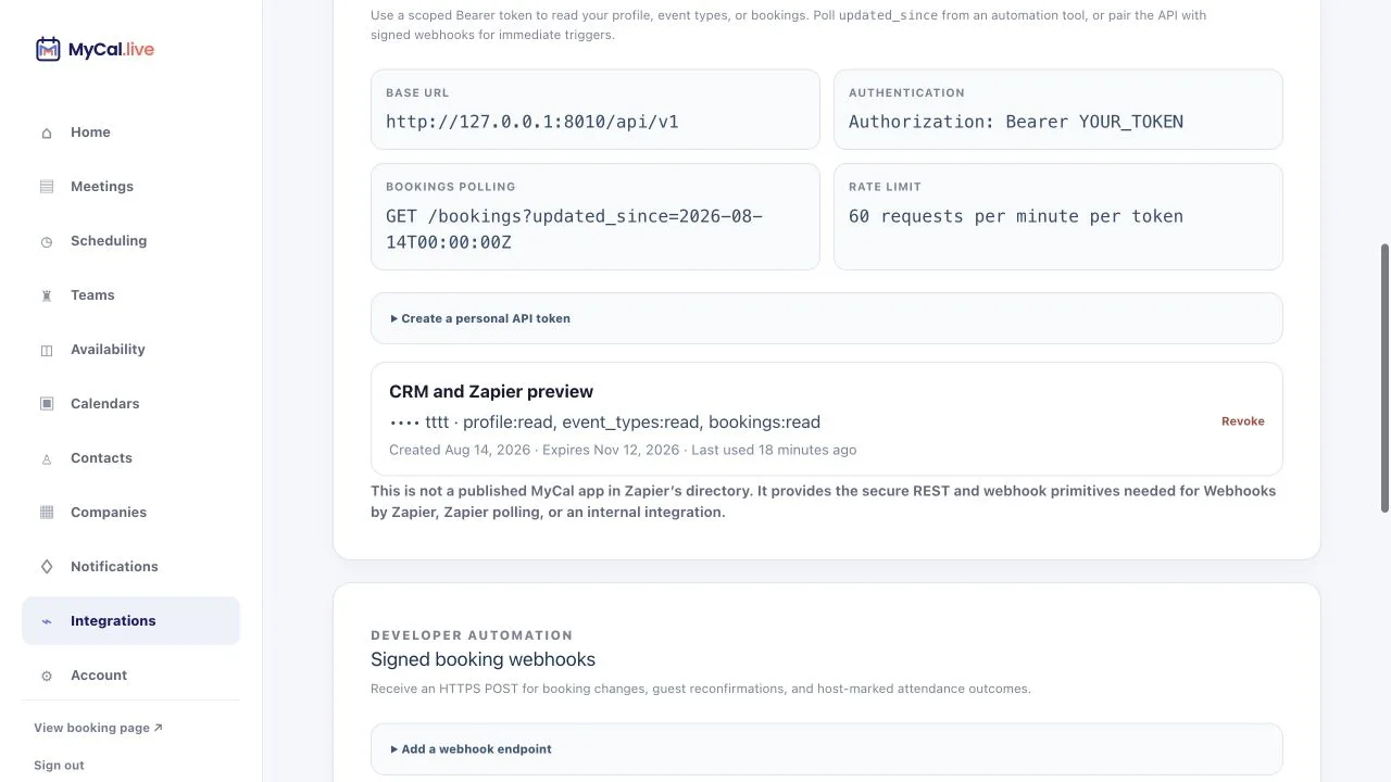 MyCal Integrations screen with a scoped personal API token, versioned endpoint help, a responsive iframe embed, and signed booking webhooks.
