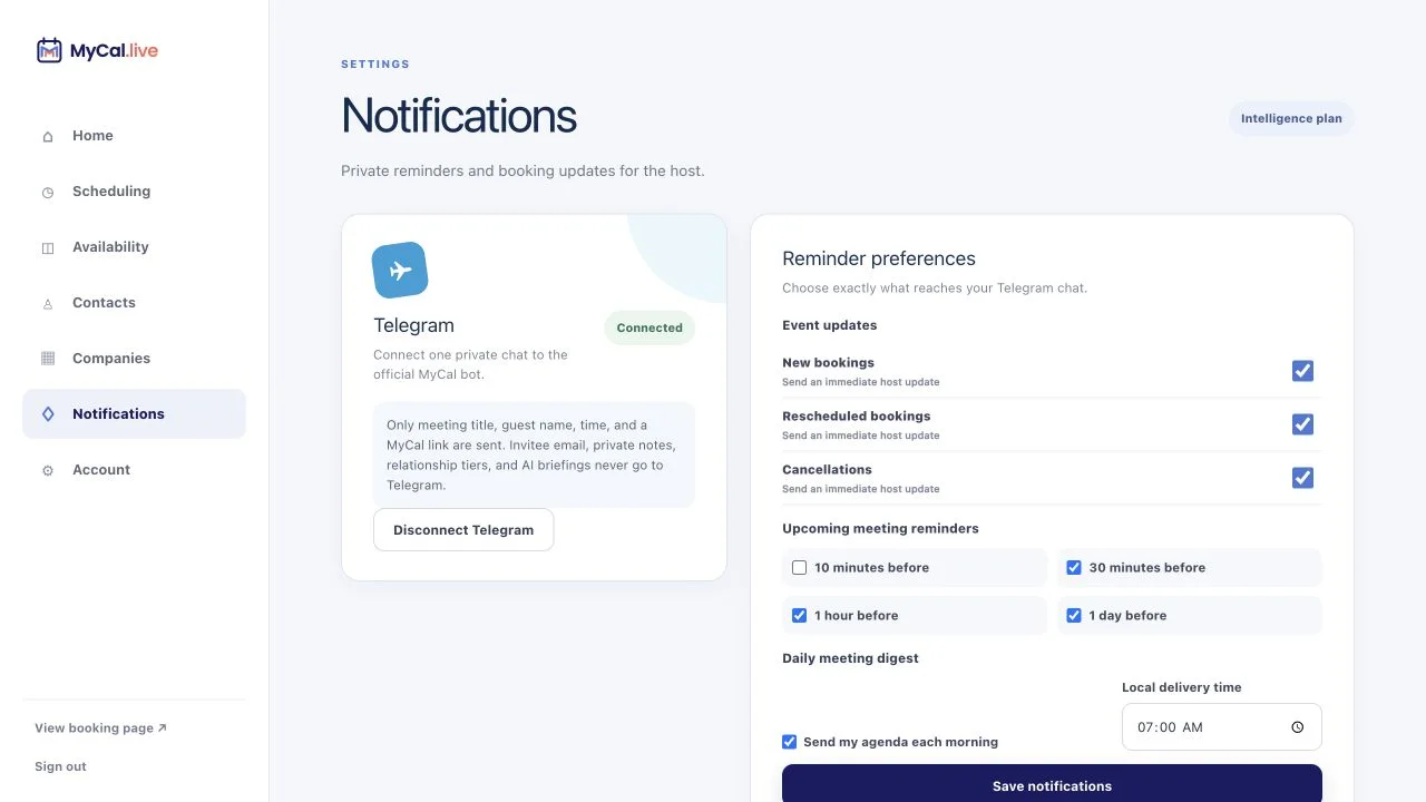 MyCal Notifications screen with a connected Telegram account and controls for booking updates, meeting reminders, and a daily meeting digest.