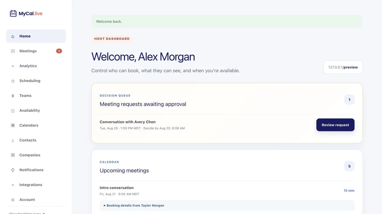 MyCal host dashboard overview with the public scheduling link, meetings, and account status.