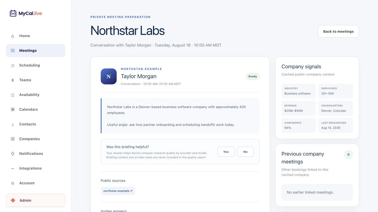 MyCal private company briefing page with cited company context, a helpful yes or no quality control, invitee answers, public sources, company signals, previous meetings, and private host notes.