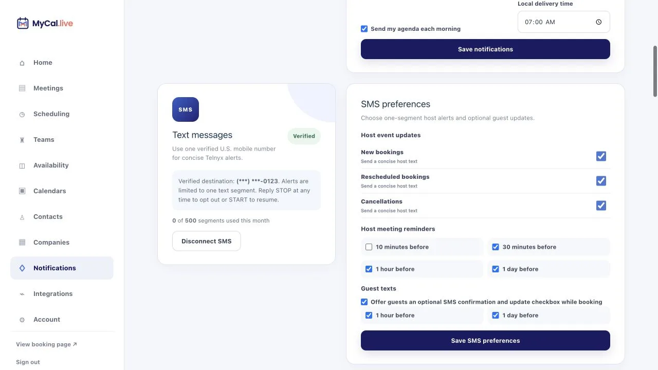 MyCal Notifications screen with a verified masked U.S. mobile number, monthly segment allowance, host booking alerts, reminder timing, and optional guest SMS controls.
