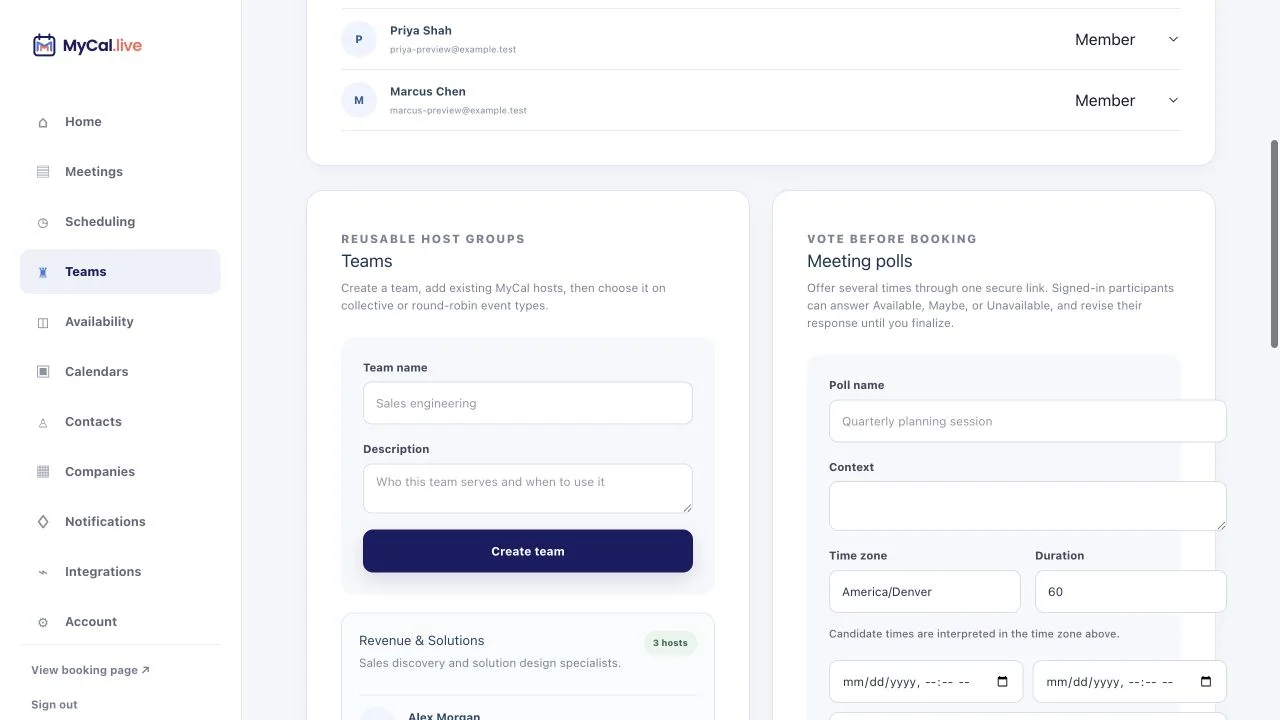 MyCal Teams workspace with reusable host groups, weighted round-robin membership, and a secure meeting poll builder.