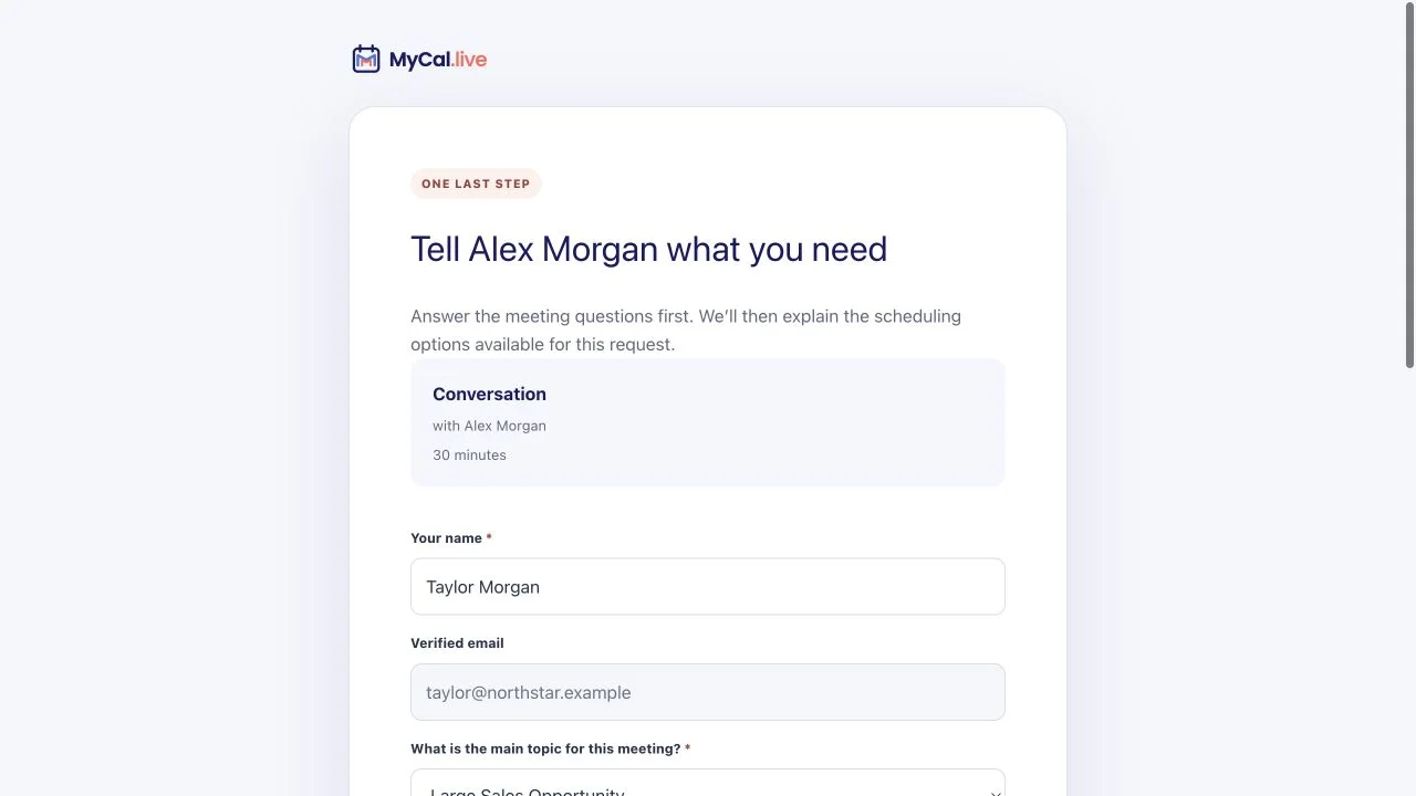 MyCal no-time request screen collecting a verified visitor name, event-specific topic, conditional follow-up, and additional context before explaining that no eligible time is available.