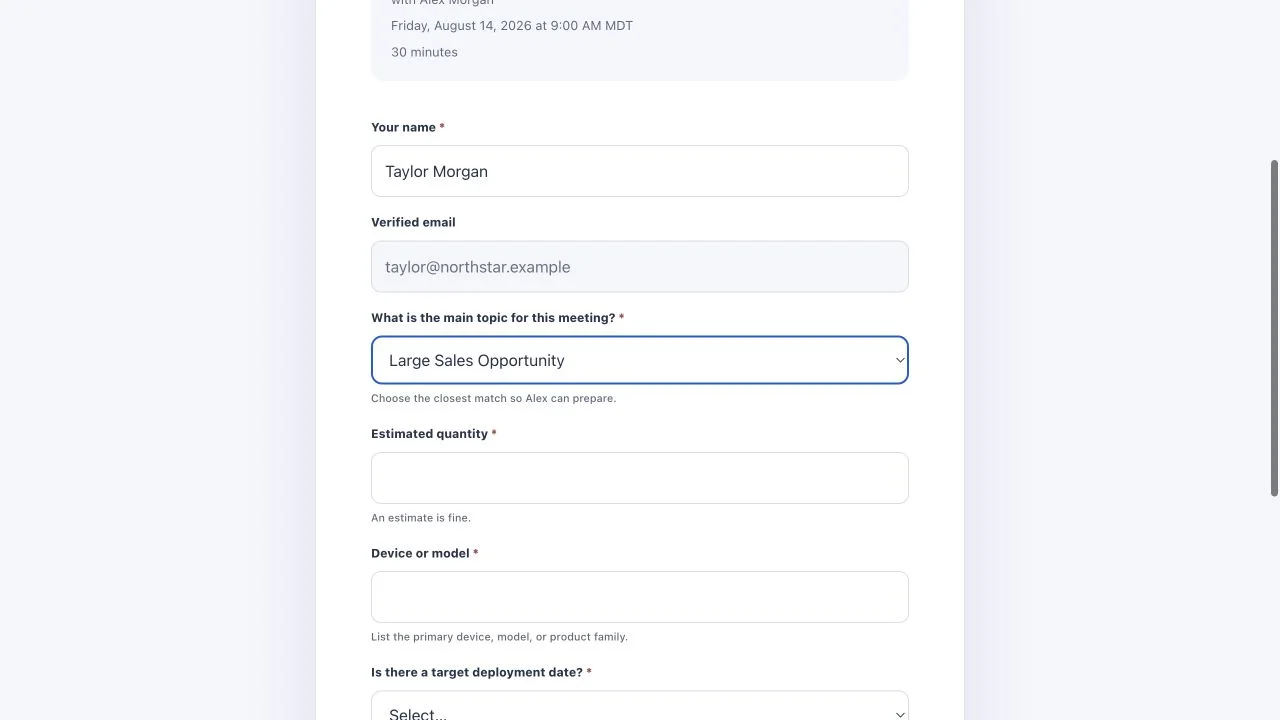 MyCal booking review screen with a live reservation countdown and conditional follow-up questions revealed by a Large Sales Opportunity selection.