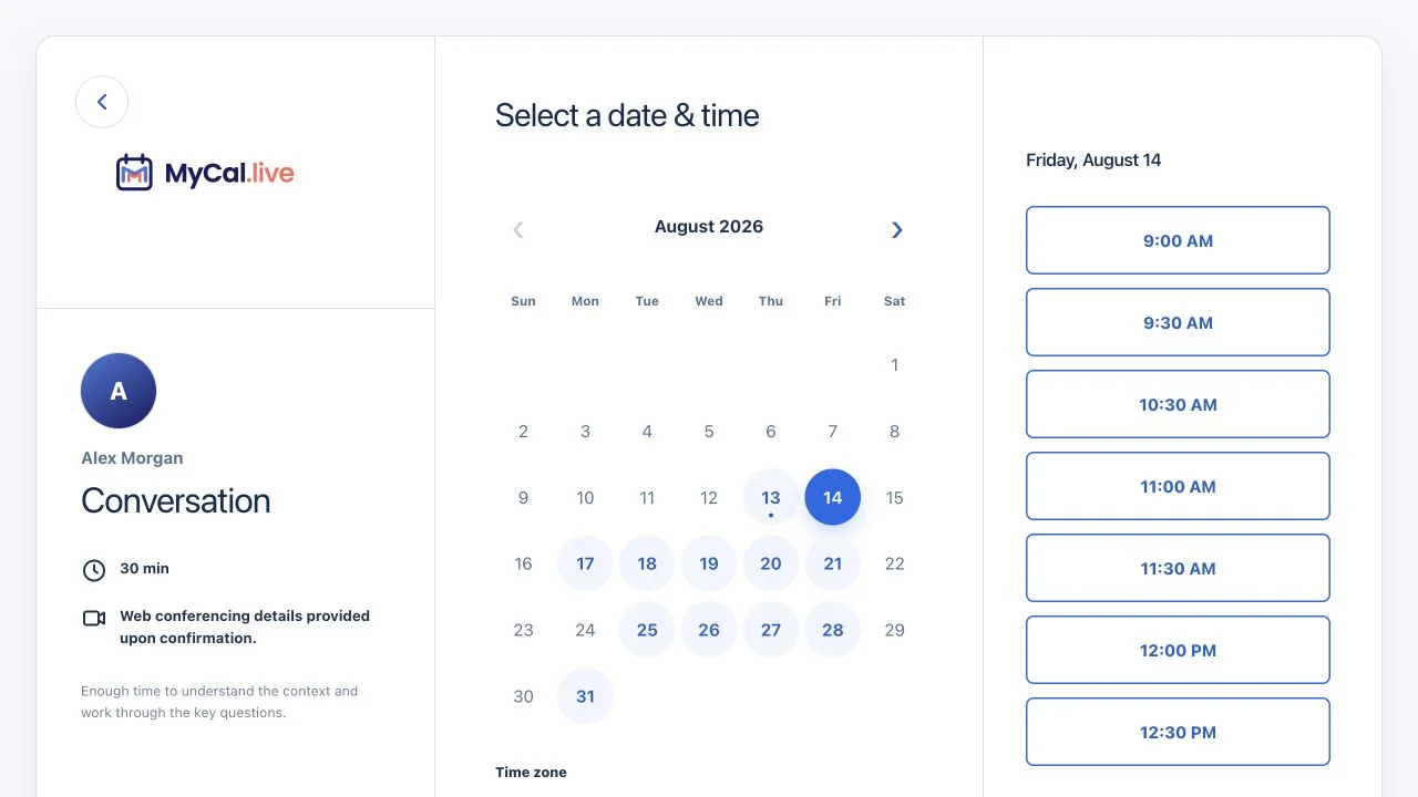 MyCal calendar with today marked by a dot and half-hour-aligned time slots for a 30-minute meeting.