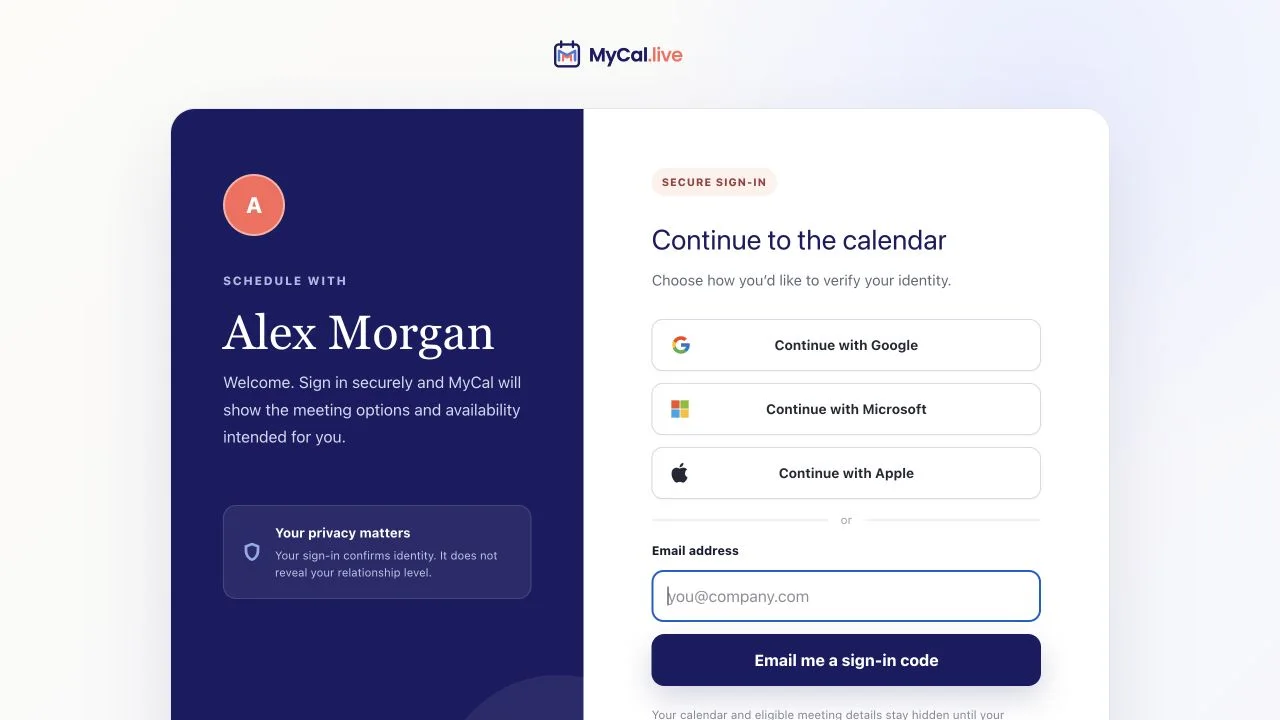 MyCal booking page asking a visitor to continue with Google, Microsoft, Apple, or a secure email code before calendar availability is shown.